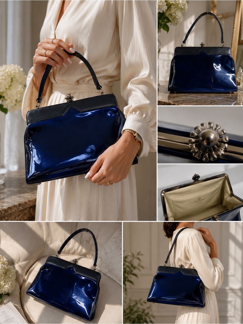 Vintage Navy Blue Patent Leather Bag 70’ Silver Color Metal Trim See Notes